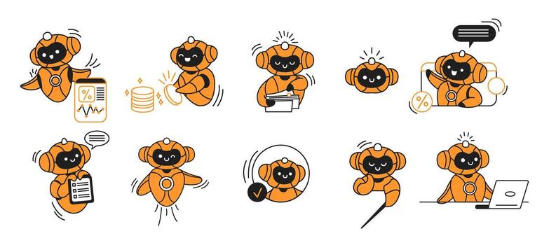 Illustration of cheerful artificial intelligence engaging in various activities. These activities include data analysis, communication, and multitasking. The style is playful and vibrant. vector
