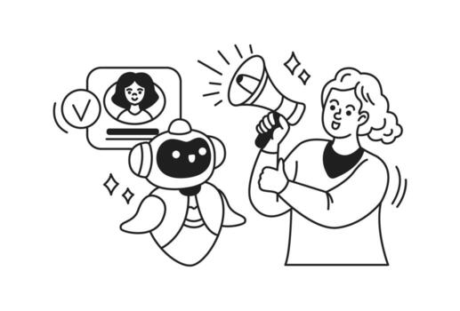 Black and white illustration of a person holding a megaphone next to a robot. The scene includes a profile image and verification symbol, emphasizing digital communication. vector