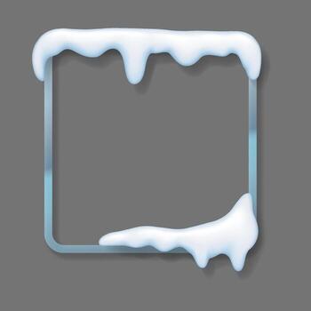 Square icy frame with realistic snow drips. Gray background enhances cold winter feel. Ideal for seasonal designs and festive projects with a crisp appearance. vector
