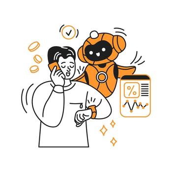 Illustration of man talking on phone while smart artificial intelligence assists. Futuristic financial consultation with digital data. Black and orange design enhances modern look. vector