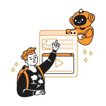 A digital illustration featuring a cartoon man with a joyful expression interacting with a friendly artificial intelligence. They point at a digital interface on a white background. vector