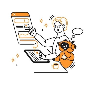 ilustración de un persona trabajando con un artificial inteligencia en un digital proyecto. ambos son comprometido en similar tareas. el utilizar de naranja y negro contornos crea un moderno mirar. vector