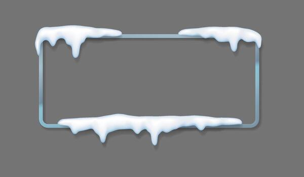 Empty rectangular sign with snowcovered edges on a gray backdrop. Ideal for winterthemed designs and festive displays. Cool tones convey a frosty ambiance. vector