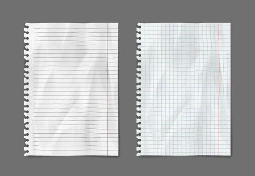 Realistic illustration of two white paper sheets. One is lined and the other is grid paper. Both on a dark gray background. Ideal for educational or office design. vector