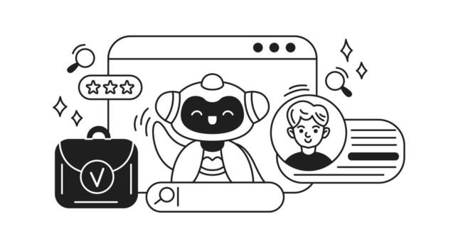 Black and white illustration featuring a smiling robot and user interface components. It represents tech innovation with stars and magnifying glasses against a plain background. vector