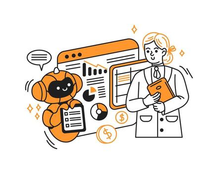 ilustración de un persona de negocios con un artificial inteligencia analizando datos en un digital interfaz. naranja acentos y financiero símbolos realce innovación y colaboración. vector