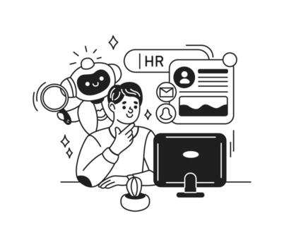 Illustration of AI assisting HR professional in hiring decisions. Black and white style with futuristic themes. Shows integration of technology in recruitment processes. vector