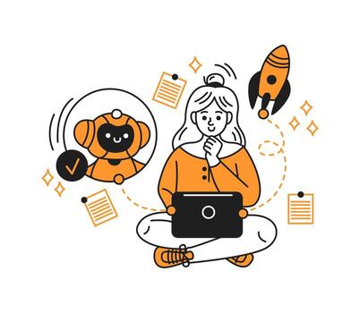 Illustration of a thoughtful woman using a laptop. Surrounded by tech icons like a chatbot and rocket. Simple orange and black style on white background. vector