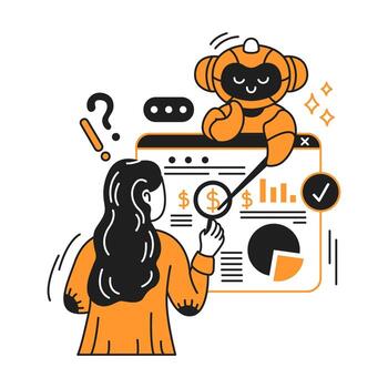 ilustración de un mujer interactuando con un simpático artificial inteligencia mientras analizando datos cartas vibrante naranja y negro matices representa trabajo en equipo y tecnología. vector