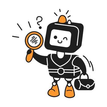 adorable robot personaje con un aumentador vaso y maletín. el criatura guiños en broma. dibujos animados estilo con naranja acentos en un blanco antecedentes. vector