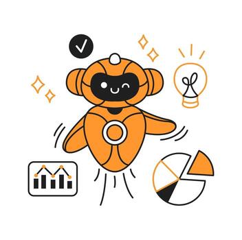 Cute cartoon artificial intelligence in orange happily winks. Surrounded by a light bulb and charts, symbolizing innovation and analytics. Perfect for tech and creativity themes. vector