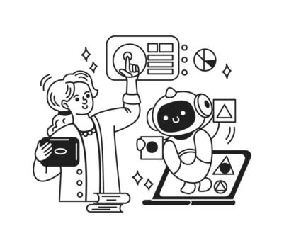 Illustration of interaction between a cheerful woman and a friendly robot. Engaged in a digital task with charts on a white background. Technology and collaboration theme. vector
