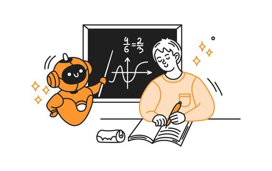 Colorful illustration of a cheerful artificial intelligence teaching a student math. The artificial intelligence points to a blackboard with equations in an educational setting vector