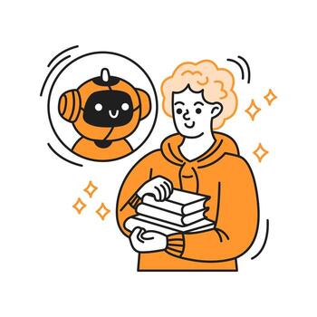 Illustration of a person holding books and interacting with a friendly artificial intelligence. Happy mood in a cartoon style. Orange and white dominate the minimalist background. vector