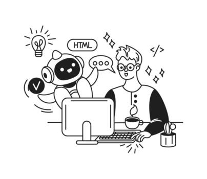 Line art of a programmer with a robot in a workspace. They discuss coding with a cheerful vibe. Monochrome palette highlights technology and innovation in a creative setting. vector