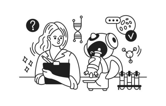 Illustration of female scientist and robot working in laboratory. They analyze samples with curiosity and innovation against a minimalistic background. vector