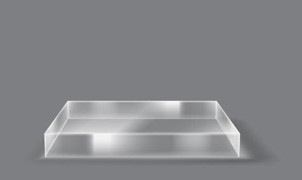 Minimalistic podium glass square showcase. Glossy reflective surface against a plain gray backdrop. Perfect for product displays and presentations. vector