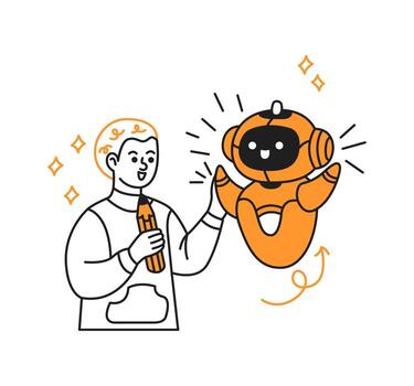 Illustration of a boy and a artificial intelligence happily highfiving. The artificial intelligence is floating with excitement. Playful interaction with a friendly atmosphere. Simple white background vector