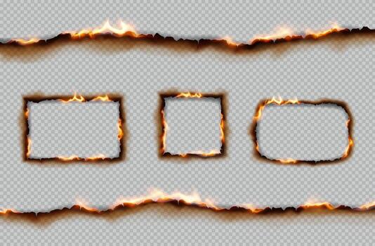 Realistic illustration of burnt paper edges with vibrant flames. Detailed texture on a background, ideal for digital design projects and presentations. vector