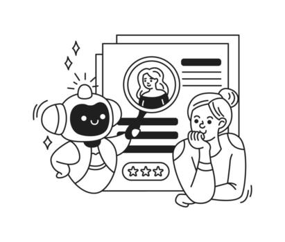 ilustración de un alegre robot ayudando un mujer en perfil selección. el robot puntos a un perfil con estrellas. negro y blanco línea Arte representa un moderno tecnología tema. vector