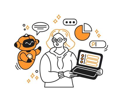 Illustration of a woman holding a laptop while chatting with a cheerful artificial intelligence. The digital interaction suggests creativity and technology connection. Minimalist line art. vector