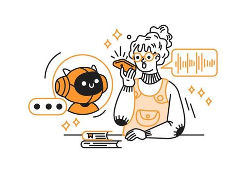 Cartoon illustration of a woman communicating with a friendly artificial intelligence. She holds a smartphone, smiling with curiosity. The scene is set against a simple white background. vector