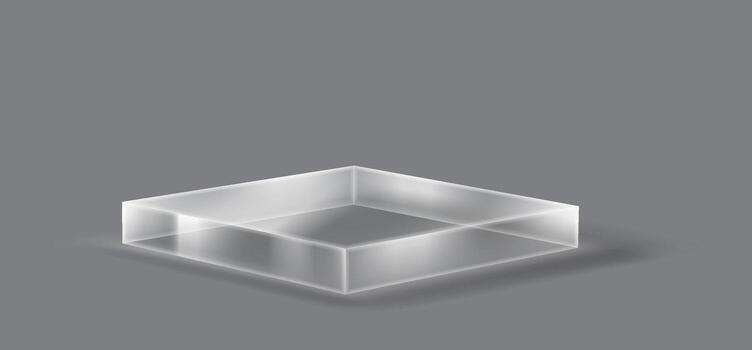 Minimalistic and podium glass box illustration with clean lines. The box is empty and placed against a plain gray background, offering a modern feel. vector