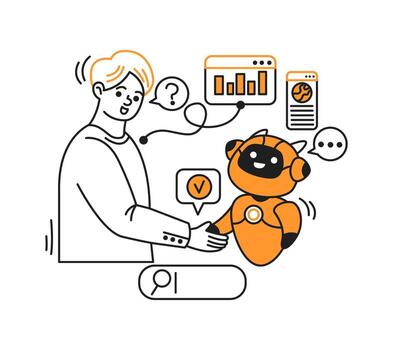 Illustration of a human shaking hands with a artificial intelligence in a friendly manner. Conversational elements and data charts show digital communication on a white background. vector