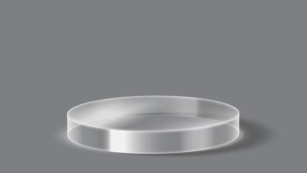 A digital illustration of a podium glass cylinder. It is placed on a smooth gray background. The image captures light reflections and shadow effects. vector