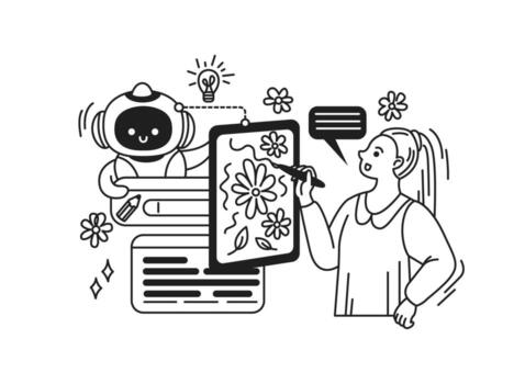 Illustration of a robot and a designer working together. The robot holds a pencil while the designer draws on a tablet. Black and white line art depicts creativity. vector