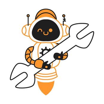 Adorable robot character holding a large wrench. The design is playful with orange and black tones. Perfect for representing technology or engineering themes. vector