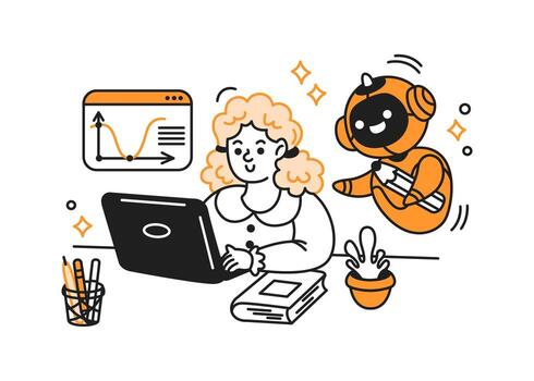 Cartoon illustration of a woman using a laptop with a cheerful artificial intelligence assistant on a white background. The scene includes analytics on the screen. Bright and engaging. vector
