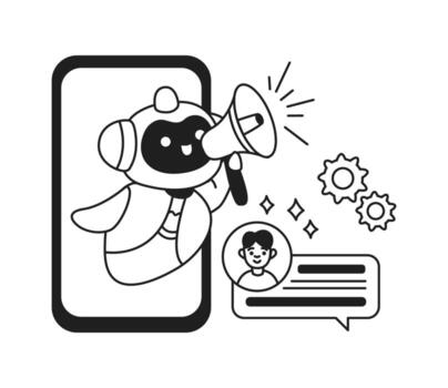 Black and white illustration of a cute robot holding a megaphone. It interacts with a speech bubble and gears, symbolizing communication and technology. vector