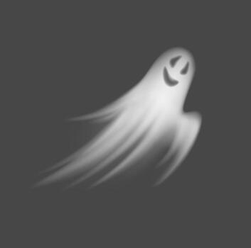 Charming ghost with a smiling face floats in a dark atmosphere. It displays a playful expression with a trailing, wispy tail. Ideal for Halloween themes. vector