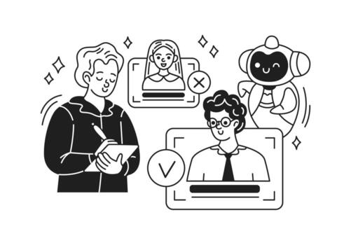 Cartoon character with a notepad making selection decisions. Happy robot assists in decisionmaking process. Simple black and white line art style. vector