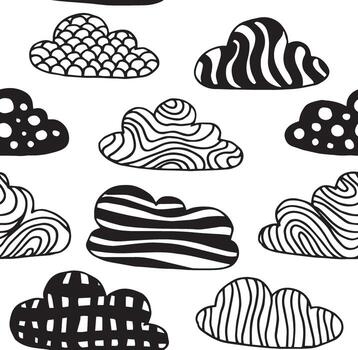 Seamless pattern with clouds. With doodle ornament. vector