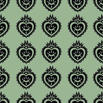 Seamless pattern featuring repeating sacred heart icons in a illustration. Black hearts with decorative elements are arranged on a green background, creating a traditional design. vector