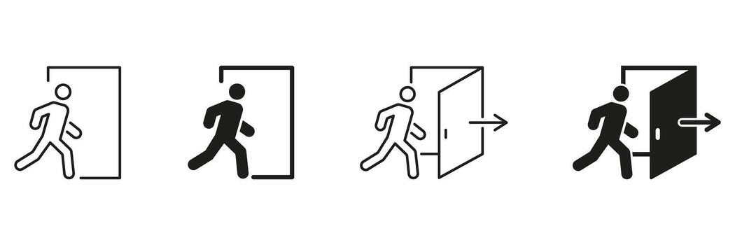 Exit Sign With Person Walking Through Door Icon Set. Emergency Exit, Safety, And Evacuation Route Symbol Collection. Directional Guidance And Wayfinding. Isolated Illustration vector