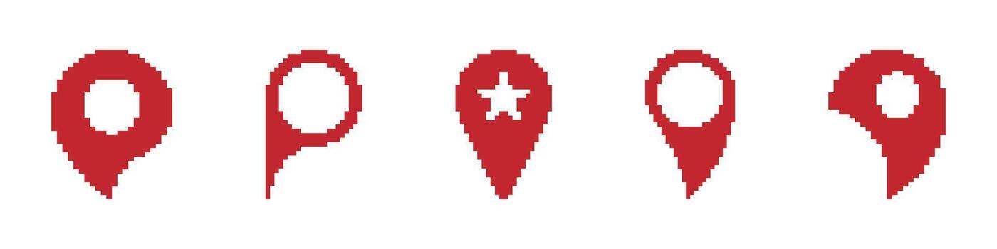 Red Map Pin Pixel Art Icon Set. Location Marker, Navigation, And Geolocation Symbol Collection. Digital Mapping And Gps Interface Design. Isolated Illustration vector