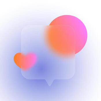 Morphism glass speech bubble featuring geometric blurry shapes and bright pink gradient on a soft blue gradient background. vector