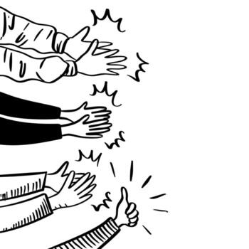 Black and white sketch illustration of multiple hands clapping and giving a thumbs up. Concept of appreciation, success, support, teamwork, encouragement, and positive feedback in line art style. vector