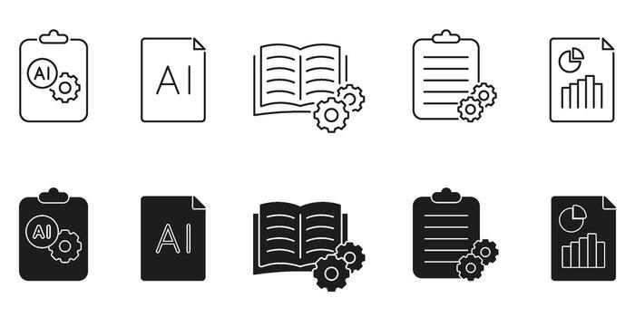 Artificial Intelligence Research and Data Reports Line and Solid Icon Set. Knowledge Management, Analytics and Documentation Symbol Collection. Isolated Illustration vector