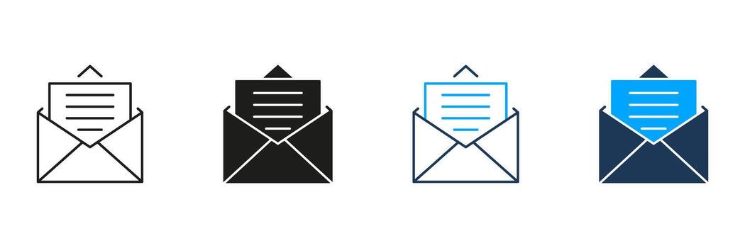 Open Envelope With Letter Line And Solid Icon Set. Email Communication, Message Sending, And Mail Notification Symbol Collection. Digital Correspondence. Isolated Illustration vector