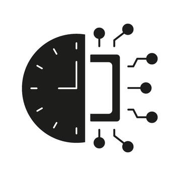Clock With Circuit Board Solid Icon. Time Management And Digital Technology Integration Silhouette Symbol. Efficiency And Innovation In Tech. Isolated Illustration vector