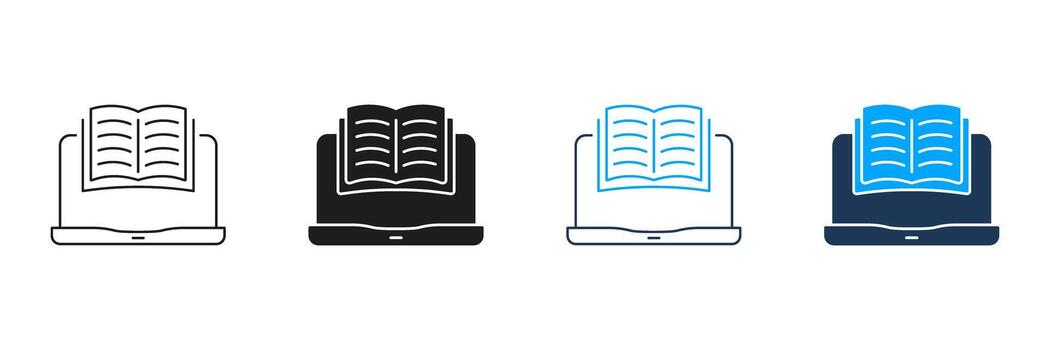 Open Book On Laptop Line And Solid Icon Set. E-Learning, Online Education, And Digital Reading Symbol Collection. Knowledge And Technology Integration. Isolated Illustration vector