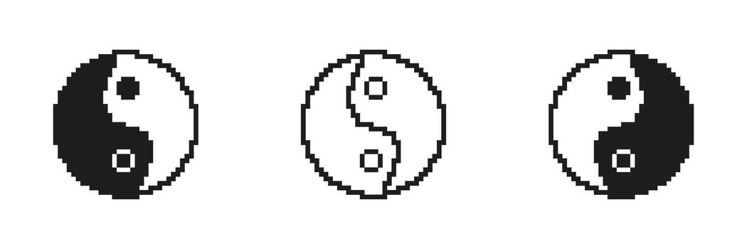 Pixelated Yin Yang Icon Set. Symbol of Balance and Harmony in Retro Pixel Art Style. Eastern Philosophy Symbol Representing Duality and Balance. Isolated Illustration vector