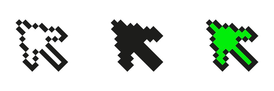 Pixel Art Mouse Pointer Icon Set. Arrow Cursor Symbols In Pixelated Style. Includes White, Black, And Green Variations. Isolated Illustration vector
