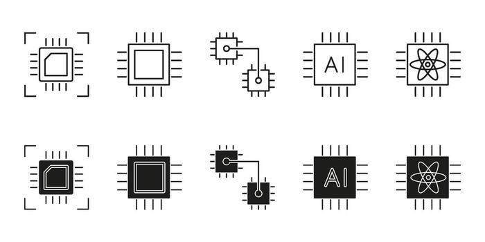 artificial inteligencia procesadores y neural informática línea y sólido icono colocar. microchips, circuitos y máquina aprendizaje tecnología símbolo recopilación. aislado ilustración vector