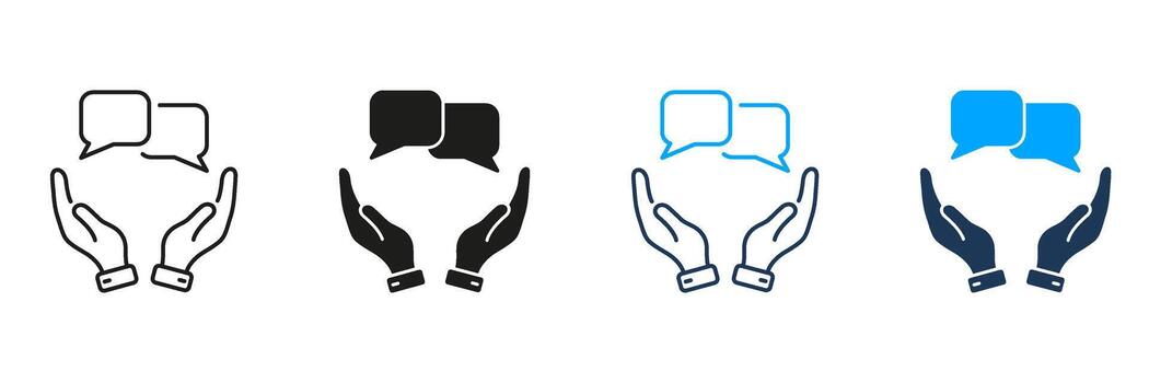 Hands Holding Speech Bubbles Line And Solid Icon Set. Communication, Dialogue, And Support Symbol Collection. Collaborative Interaction And Conversation Concept. Isolated Illustration vector