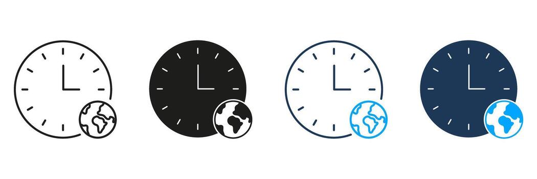 Clock With Globe Line And Solid Icon Set. Global Time Management And World Clock Symbol Collection. International Time Zones And Scheduling. Isolated Illustration vector